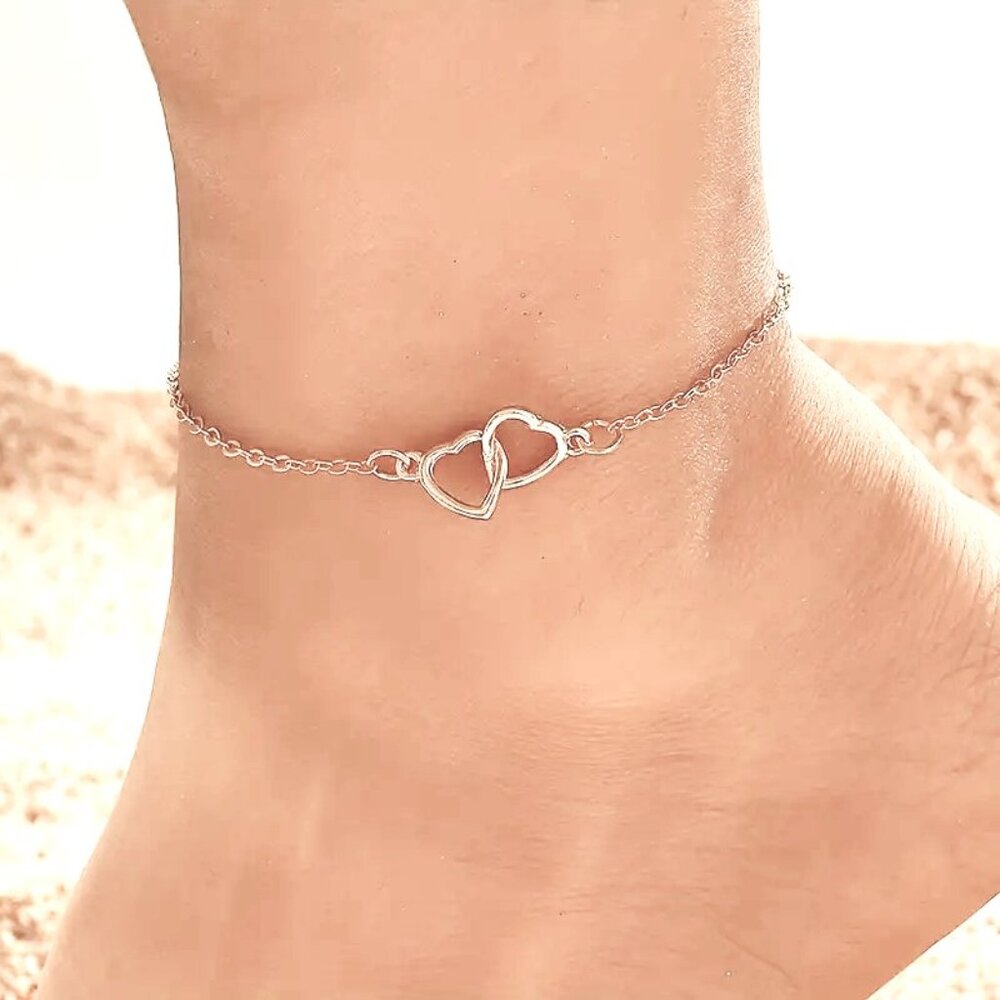Heart Anklet Delicate Double Silver Chain Beach Vacation Trendy Stylish Glam Fun